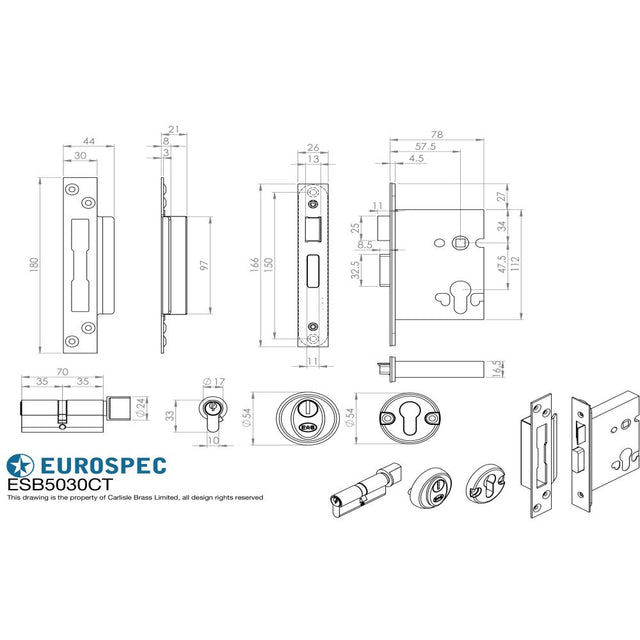 This image is a line drwaing of a Eurospec - Easi T Euro Profile BS Cylinder and Turn Sashlock 76mm - Satin Stainl available to order from Trade Door Handles in Kendal