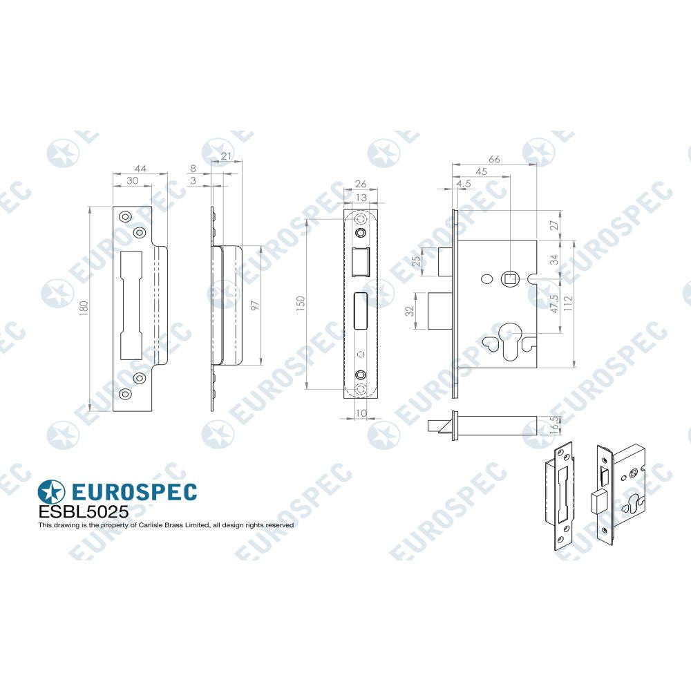 This image is a line drwaing of a Eurospec - Euro Profile High Security Cylinder Sashlock (replacement lock case o available to order from Trade Door Handles in Kendal