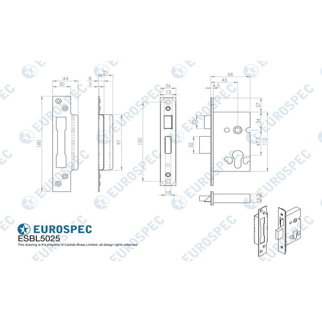 This image is a line drwaing of a Eurospec - Euro Profile High Security Cylinder Sashlock (replacement lock case o available to order from Trade Door Handles in Kendal