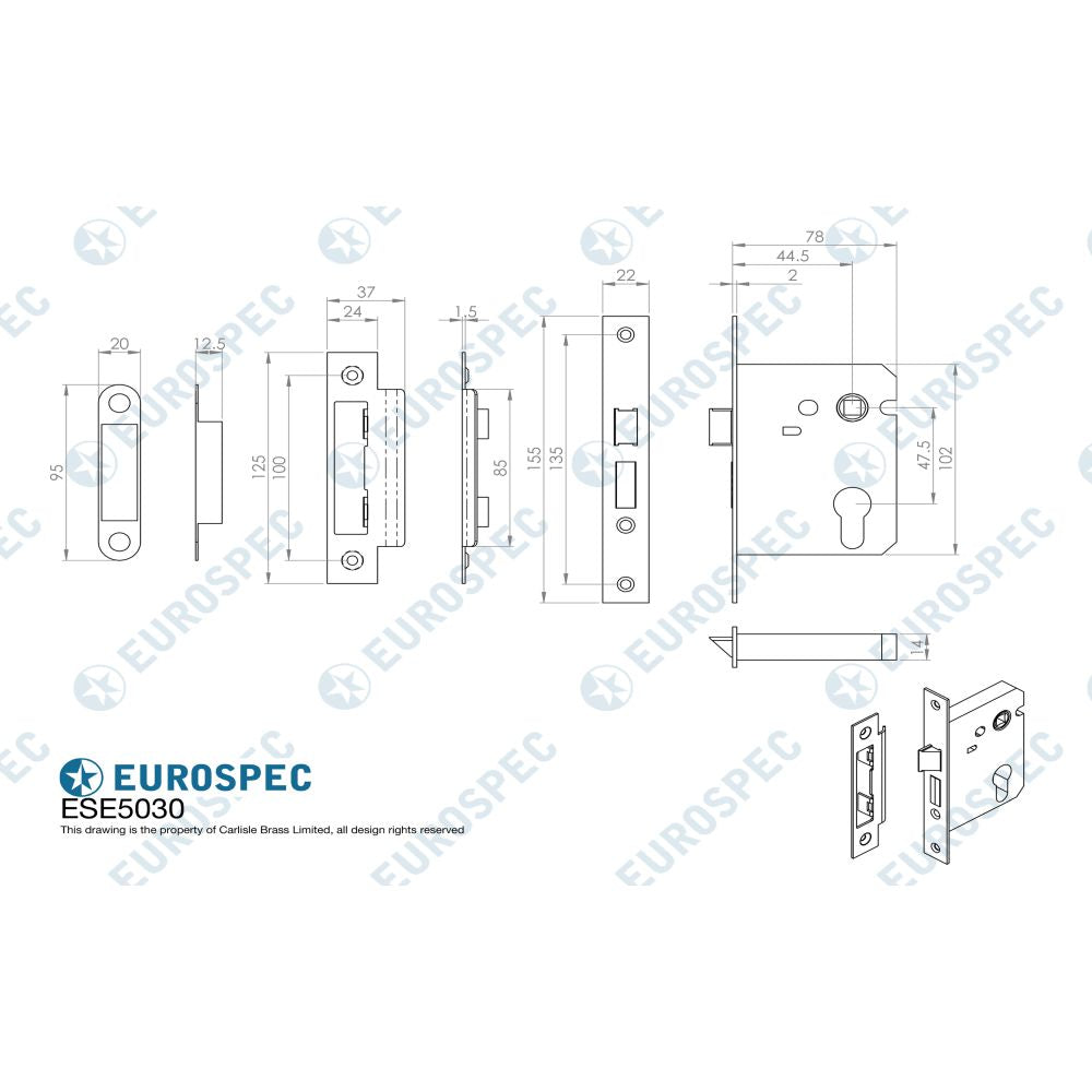 This image is a line drwaing of a Eurospec - Easi-T Economy Euro Profile Sashlock 76mm - Satin Nickel available to order from Trade Door Handles in Kendal