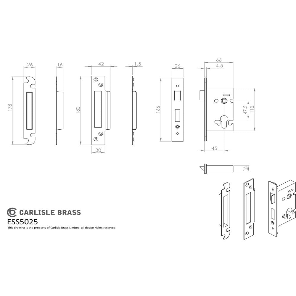 This image is a line drwaing of a Eurospec - Euro Profile Sashlock 64mm - Satin Stainless Steel available to order from Trade Door Handles in Kendal