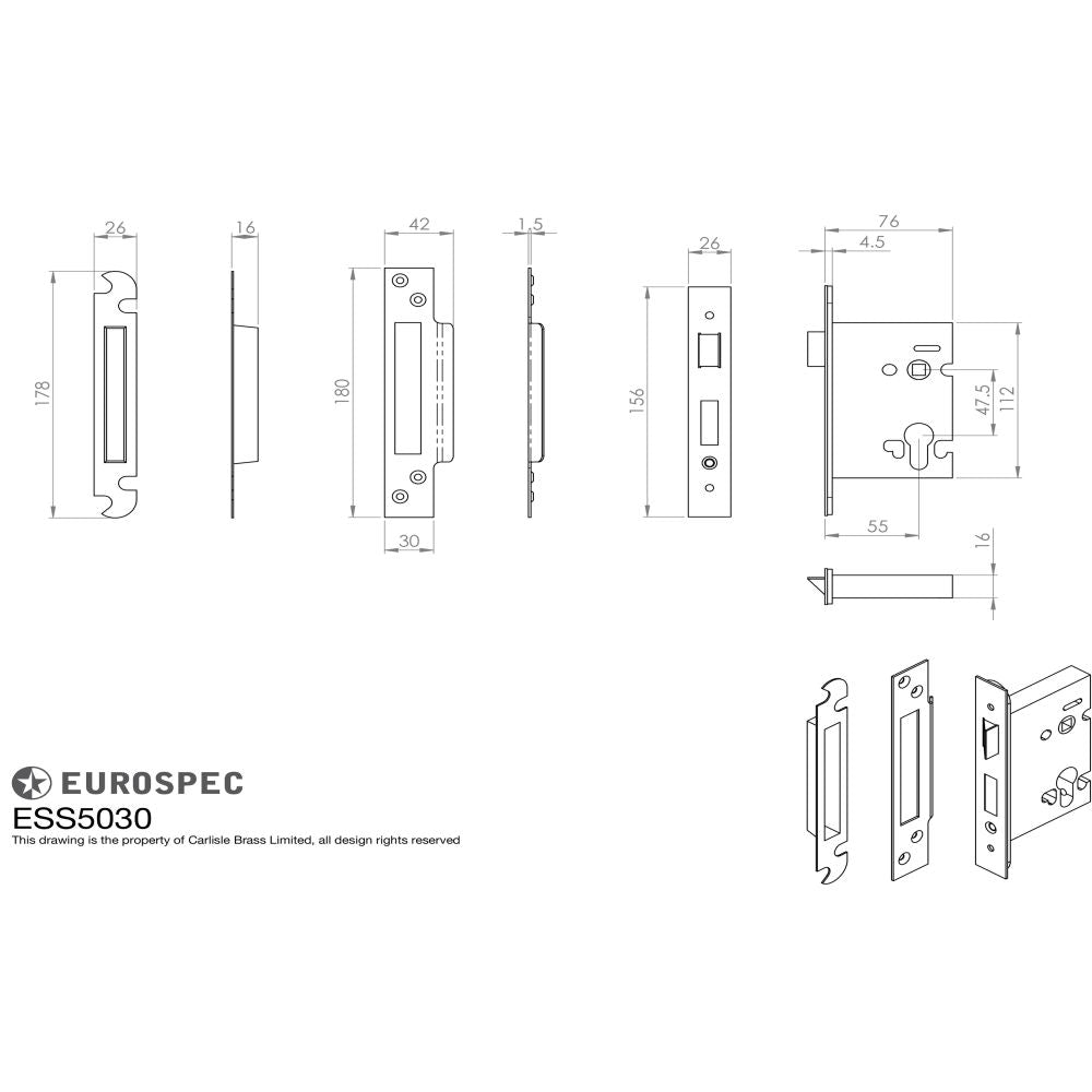 This image is a line drwaing of a Eurospec - Euro Profile Sashlock 76mm - Satin Stainless Steel available to order from Trade Door Handles in Kendal