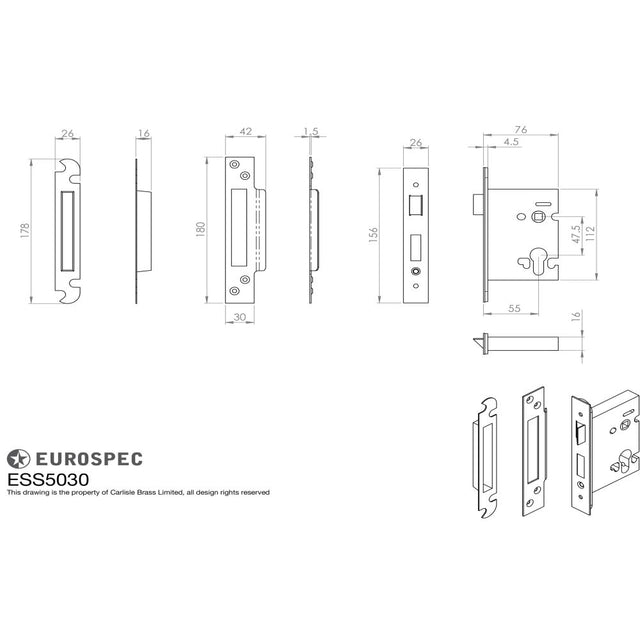 This image is a line drwaing of a Eurospec - Euro Profile Sashlock 76mm - Stainless Brass available to order from Trade Door Handles in Kendal