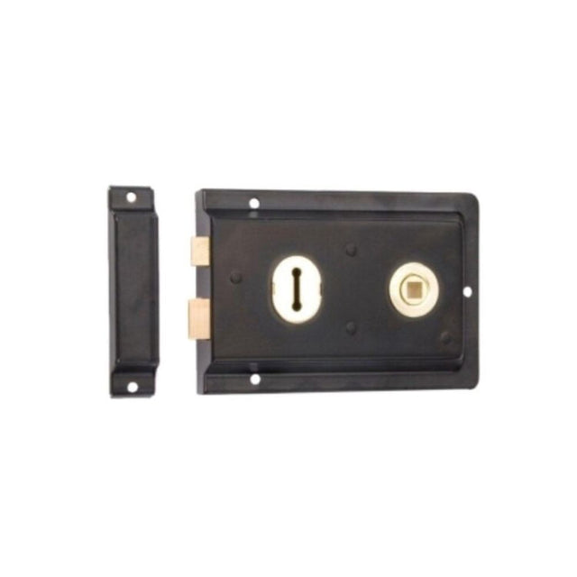 This is an image of Spira Brass - Iron Rim Lock - Fluted EXB Black   available to order from trade door handles, quick delivery and discounted prices.