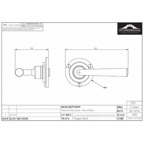 This is an image of a diagram showing the technical details of the Stonebridge - Padstow Flat Black Lever Handle on Round Rose) available from trade door handles, quick delivery and discounted prices.