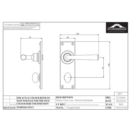This is an image of a diagram showing the technical details of the Stonebridge - Padstow Flat Black Lever Handle on Backplate (Bathroom - Left Hand) available from trade door handles, quick delivery and discounted prices.