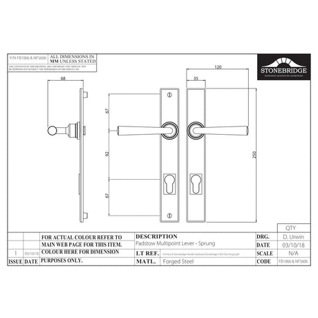 This is an image of a diagram showing the technical details of the Stonebridge - Padstow Flat Black Multipoint Handle (Patio - Unsprung)) available from trade door handles, quick delivery and discounted prices.