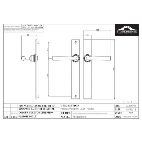 This is an image of a diagram showing the technical details of the Stonebridge - Padstow Flat Black Multipoint Handle (Passage - Unsprung)) available from trade door handles, quick delivery and discounted prices.