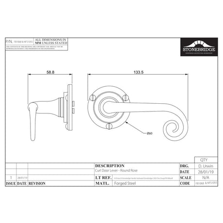 This is an image of a diagram showing the technical details of the Stonebridge - Curl Flat Black Lever Handle on Round Rose) available from trade door handles, quick delivery and discounted prices.