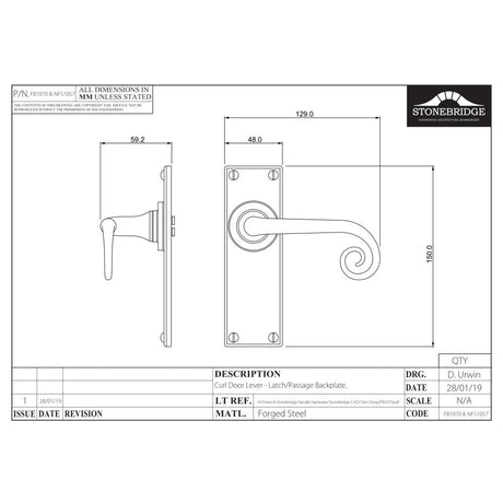 This is an image of a diagram showing the technical details of the Stonebridge - Curl Flat Black Lever Handle on Backplate (Latch/Passage)) available from trade door handles, quick delivery and discounted prices.