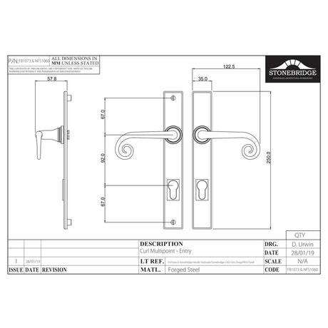This is an image of a diagram showing the technical details of the Stonebridge - Curl Flat Black Multipoint Handle (Entry - Unsprung - Left Hand)) available from trade door handles, quick delivery and discounted prices.
