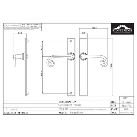 This is an image of a diagram showing the technical details of the Stonebridge - Curl Flat Black Multipoint Handle (Passage - Unsprung - Left Hand)) available from trade door handles, quick delivery and discounted prices.