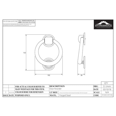 This is an image of a diagram showing the technical details of the Stonebridge - Door Knocker Forged Steel) available from trade door handles, quick delivery and discounted prices.