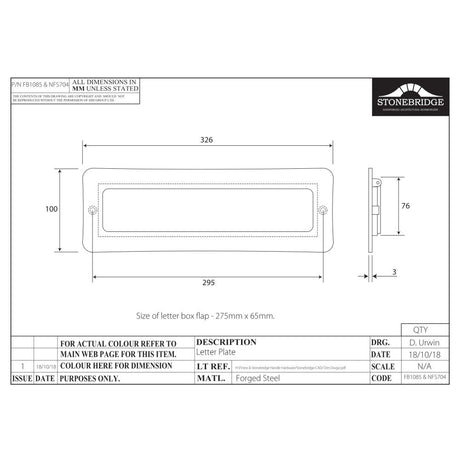 This is an image of a diagram showing the technical details of the Stonebridge - Letter Plate Flat Black 326 x 100mm) available from trade door handles, quick delivery and discounted prices.