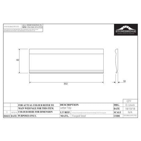 This is an image of a diagram showing the technical details of the Stonebridge - Letter Tidy Forged Steel 302 x 82mm) available from trade door handles, quick delivery and discounted prices.