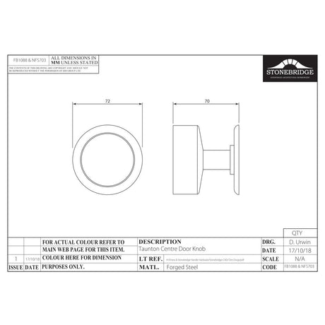 This is an image of a diagram showing the technical details of the Stonebridge - Taunton Centre Door Knob Flat Black) available from trade door handles, quick delivery and discounted prices.