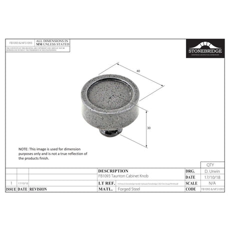 This is an image of a diagram showing the technical details of the Stonebridge - Taunton Flat Black Cupboard Knob (40mm Diameter)) available from trade door handles, quick delivery and discounted prices.