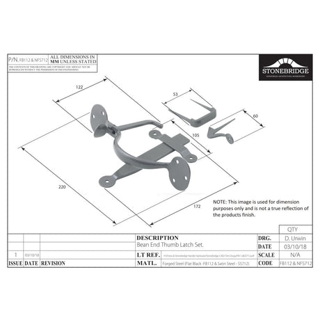 This is an image of a diagram showing the technical details of the Stonebridge - Thumb Latch Flat Black) available from trade door handles, quick delivery and discounted prices.