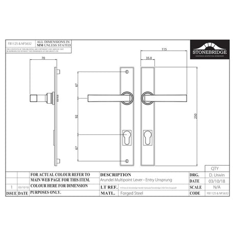 This is an image of a diagram showing the technical details of the Stonebridge - Arundel Flat Black Multipoint Handle (Entry - Unsprung)) available from trade door handles, quick delivery and discounted prices.
