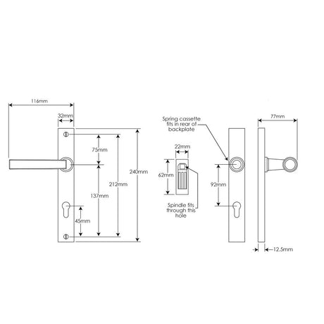 This is an image of a diagram showing the technical details of the Stonebridge - Arundel Flat Black Multipoint Handle (Entry - Sprung)) available from trade door handles, quick delivery and discounted prices.