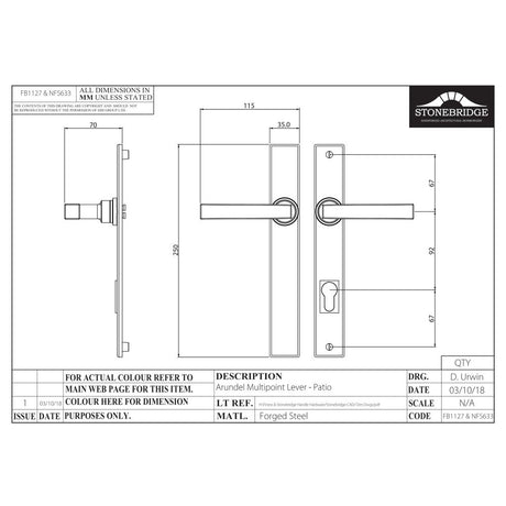 This is an image of a diagram showing the technical details of the Stonebridge - Arundel Flat Black Multipoint Handle (Patio - Unsprung)) available from trade door handles, quick delivery and discounted prices.