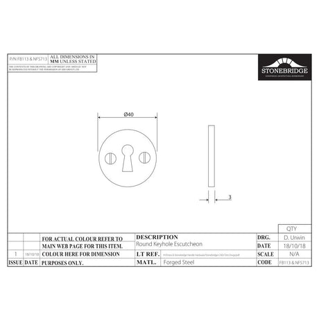 This is an image of a diagram showing the technical details of the Stonebridge - Round Uncovered Escutcheon Flat Black) available from trade door handles, quick delivery and discounted prices.