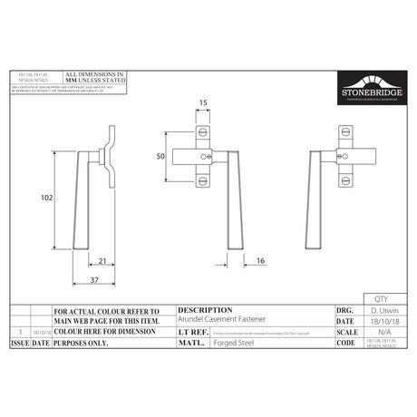 This is an image of a diagram showing the technical details of the Stonebridge - Arundel Flat Black Casement Fastener (Right Hand)) available from trade door handles, quick delivery and discounted prices.