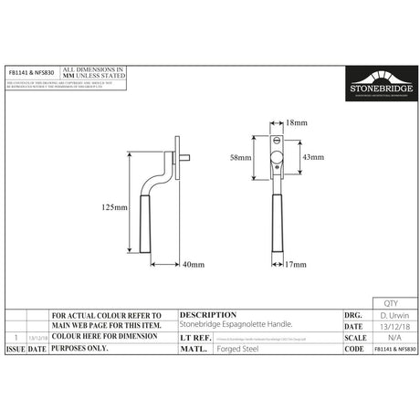 This is an image of a diagram showing the technical details of the Stonebridge - Arundel Flat Black Espagnolette (Universal Locking)) available from trade door handles, quick delivery and discounted prices.