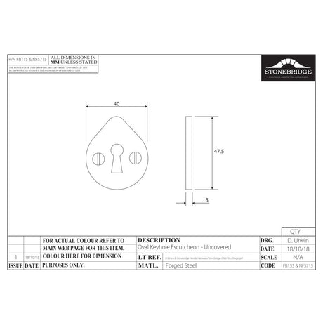 This is an image of a diagram showing the technical details of the Stonebridge - Oval Uncovered Escutcheon Flat Black) available from trade door handles, quick delivery and discounted prices.
