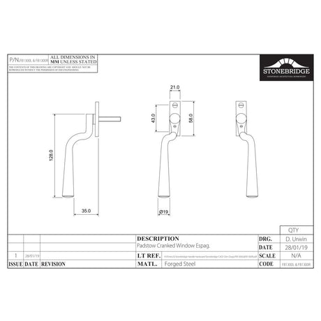 This is an image of a diagram showing the technical details of the Stonebridge - Pastow Forged Steel Espagnolette (Left Hand)) available from trade door handles, quick delivery and discounted prices.