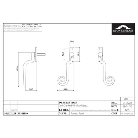 This is an image of a diagram showing the technical details of the Stonebridge - Curl Flat Black Espagnolette Handle (Right Hand)) available from trade door handles, quick delivery and discounted prices.