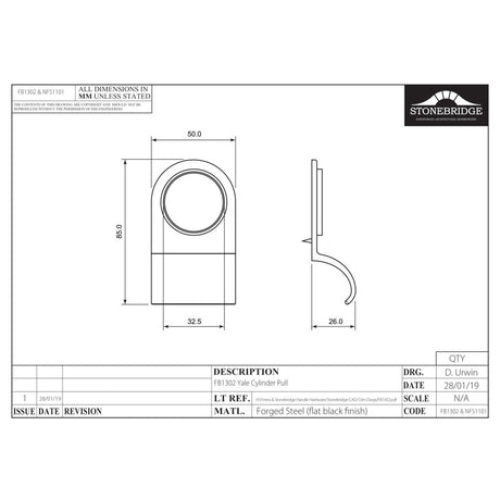 This is an image of a diagram showing the technical details of the Stonebridge - Yale Cylinder Pull Forged Steel) available from trade door handles, quick delivery and discounted prices.