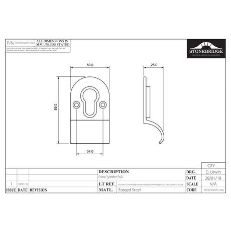 This is an image of a diagram showing the technical details of the Stonebridge - Euro Cylinder Pull Forged Steel) available from trade door handles, quick delivery and discounted prices.