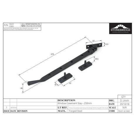 This is an image of a diagram showing the technical details of the Stonebridge - Pastow Forged Steel Casement Stay (10" / 250mm)) available from trade door handles, quick delivery and discounted prices.