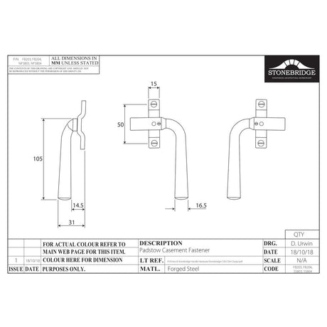 This is an image of a diagram showing the technical details of the Stonebridge - Pastow Forged Steel Casement Fastener (Right Hand)) available from trade door handles, quick delivery and discounted prices.