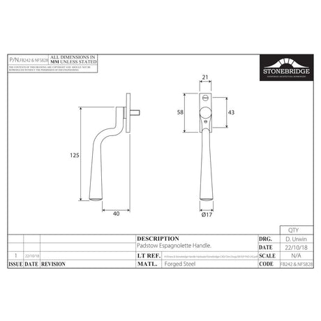 This is an image of a diagram showing the technical details of the Stonebridge - Pastow Forged Steel Espagnolette (Universal Locking)) available from trade door handles, quick delivery and discounted prices.