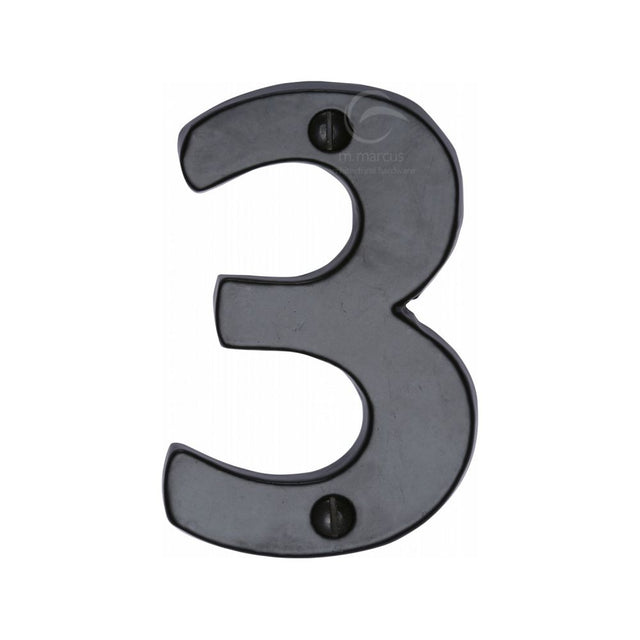 This is an image of a M.Marcus - Black Iron Rustic Numeral 3 Face Fix 76mm (3"), fb351-3 that is available to order from Trade Door Handles in Kendal.