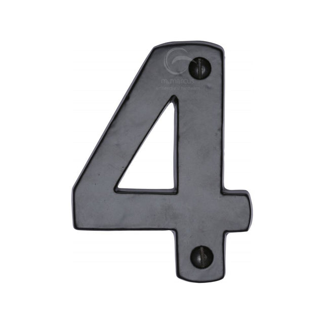 This is an image of a M.Marcus - Black Iron Rustic Numeral 4 Face Fix 76mm (3"), fb351-4 that is available to order from Trade Door Handles in Kendal.