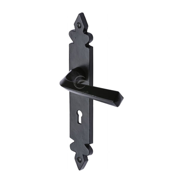 This is an image of a M.Marcus - Black Iron Rustic Door Handle Lever Lock Ironbridge Design, fb3600 that is available to order from Trade Door Handles in Kendal.