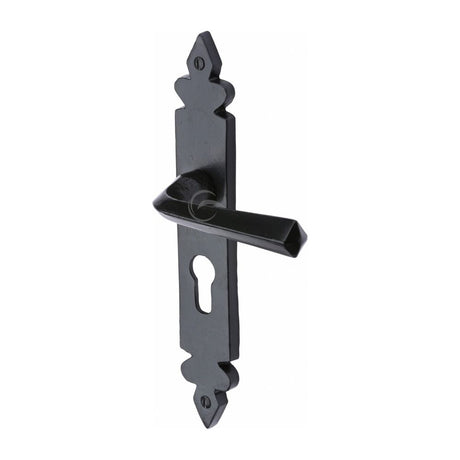 This is an image of a M.Marcus - Black Iron Rustic Door Handle Euro Profile Plate Ironbridge Design, fb3648 that is available to order from Trade Door Handles in Kendal.