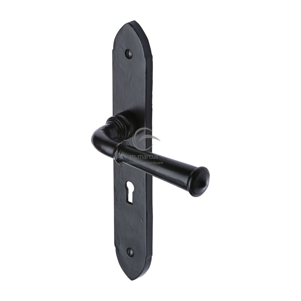 This is an image of a M.Marcus - Black Iron Rustic Door Handle Lever Lock Hadley Design, fb4700 that is available to order from Trade Door Handles in Kendal.