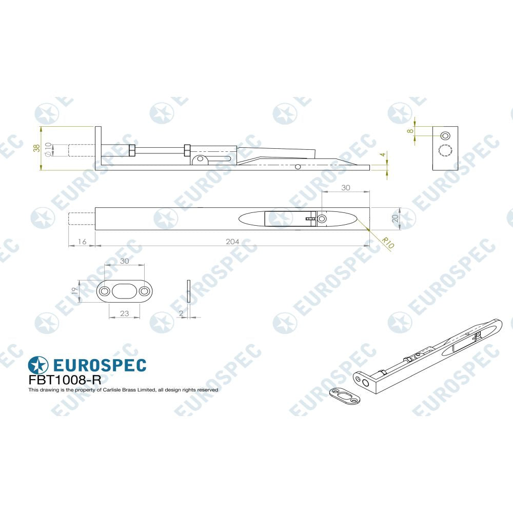 This image is a line drwaing of a Eurospec - Flush Bolt Radius - Antique Brass available to order from Trade Door Handles in Kendal