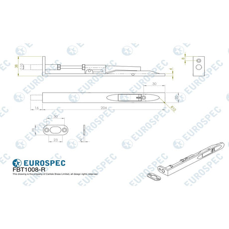 This image is a line drwaing of a Eurospec - Flush Bolt Radius - Matt Black available to order from Trade Door Handles in Kendal