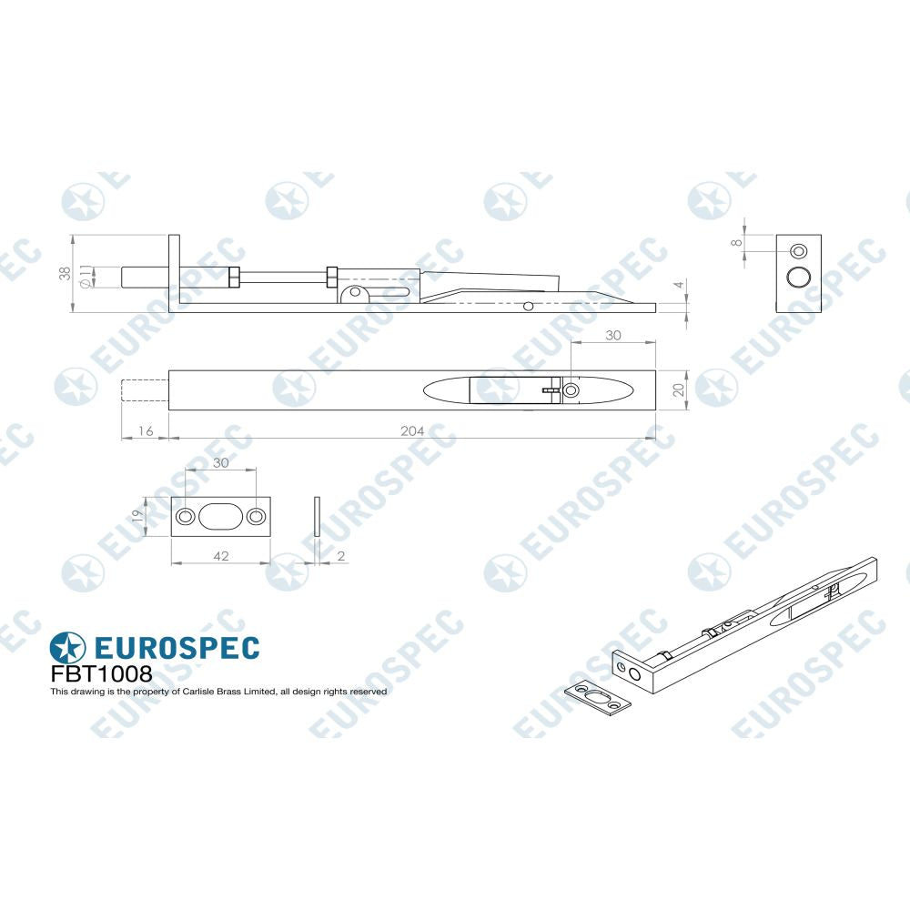 This image is a line drwaing of a Eurospec - Flush Bolt - Satin Stainless Steel available to order from Trade Door Handles in Kendal