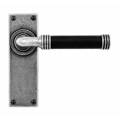 This is an image showing Finesse - Jarrow Pewter and Black Leather Door Handle on Backplate - Latch available from trade door handles, quick delivery and discounted prices