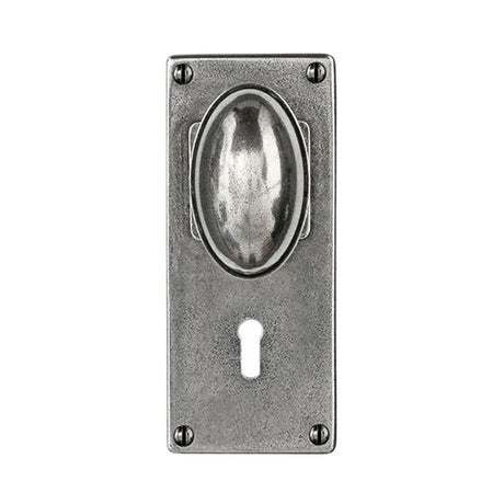 This is an image showing Finesse - Lincoln Jesmond Pewter Door Knob on Backplate - Lock available from trade door handles, quick delivery and discounted prices