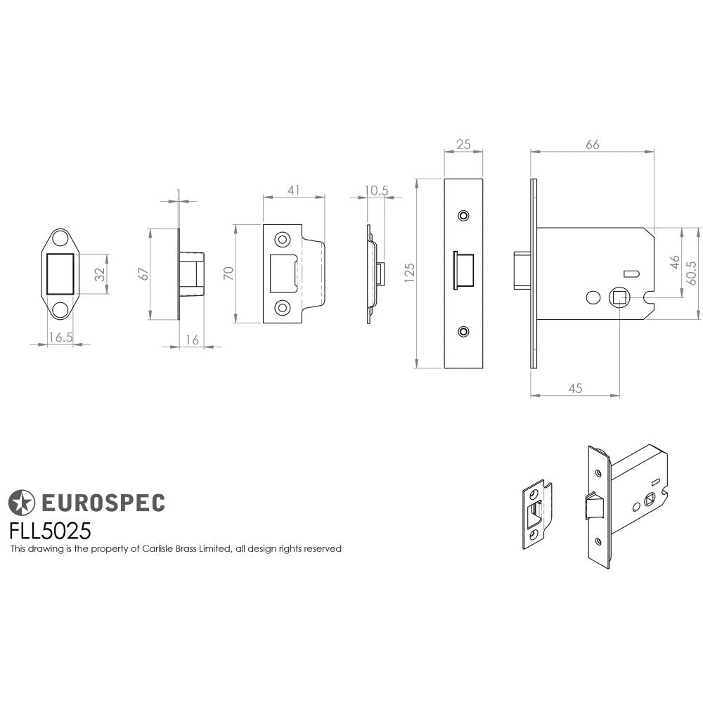 This image is a line drwaing of a Eurospec - Easi-T Flat Latch 76mm - Satin Stainless Steel available to order from Trade Door Handles in Kendal