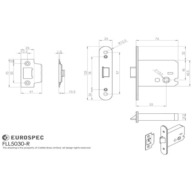 This image is a line drwaing of a Eurospec - Easi-T Flat Latch 76mm Radius - Satin Stainless Steel available to order from Trade Door Handles in Kendal