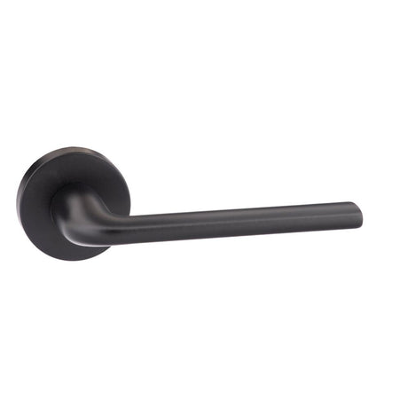 This is an image of Forme Milly Designer Lever on Minimal Round Rose - Matt Black available to order from Trade Door Handles.