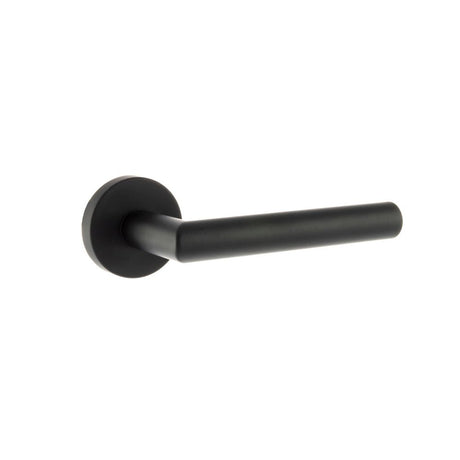 This is an image of Forme Elle Designer Lever on Minimal Round Rose - Matt Black available to order from Trade Door Handles.